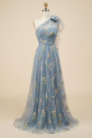 A-Line Gris Bleu Long Bal Robe avec Broderie